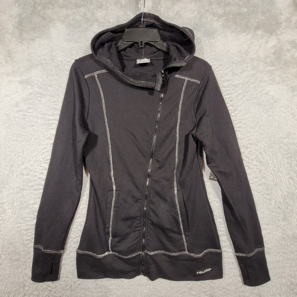 HEAD Hoodie Women S Black Asymmetrical Zip Relaxed Fit Thumbholes Silver Thread